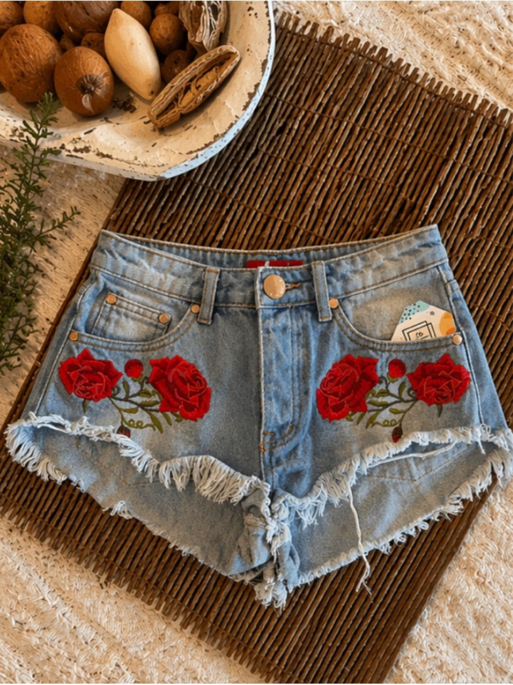 Denim Frayed Ultra Short Booty Shorts with Red Rose Embroidery